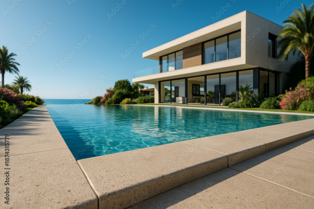 Fototapeta premium Modern villa with infinity pool overlooking the ocean landscape