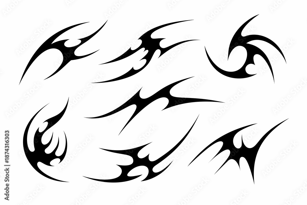 Obraz premium Neo tribal symmetrical frame. Sharp Y2K cyber sigilism design for streetwear grunge. Vector set