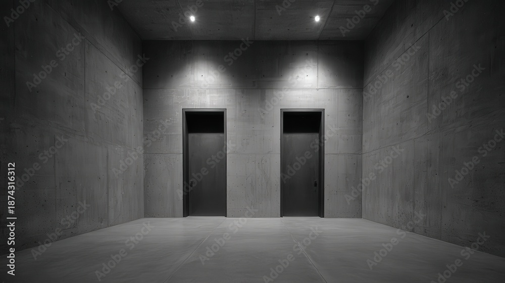 Obraz premium Interior space featuring two identical doorways set into raw concrete walls under focused lighting