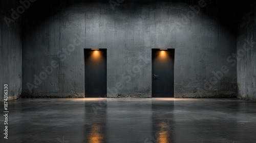 Two identical dark entryways illuminated by small orange lights within a cavernous concrete interior