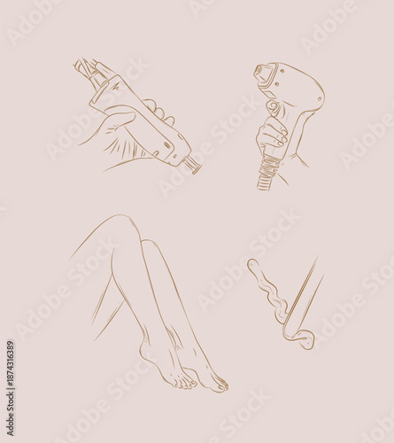 Set of laser hair removal tools for treatment beauty procedure drawing with brown lines on peach background
