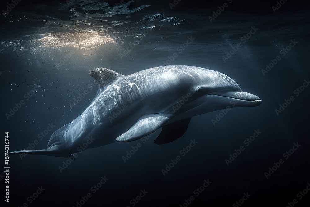 Fototapeta premium Dolphin illuminated in dark underwater environment with light rays creating elegant reflections on its smooth body, showcasing marine beauty and peaceful ocean life