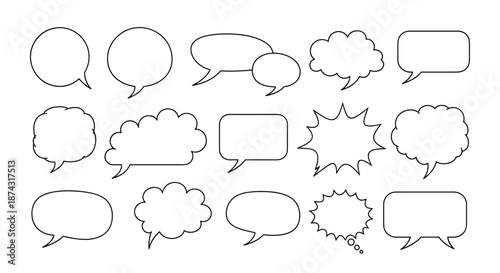 Large collection of diverse speech bubbles and comic book thought clouds for communication design and graphic elements in black and white.
