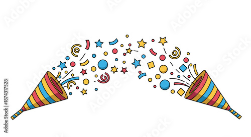 Festive party poppers shooting colorful confetti and shapes in a symmetrical arrangement for celebration and event invitation designs.