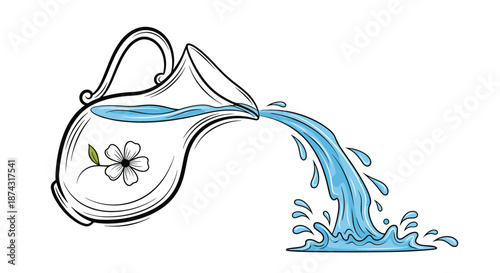 Classic ceramic jug decorated with a flower pouring a stream of clear blue water with splashes for refreshment and liquid themes.