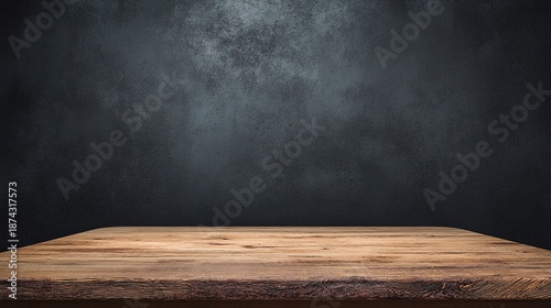Empty wooden table top against black wall background for product display presentation with modern minimal design template mockup in dark studio room and ample copy space in hd quality