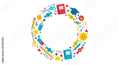 Circular frame made of various school supplies including pencils notebooks scissors and graduation caps for educational design themes.