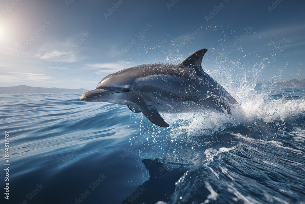 Fototapeta premium Dolphin jumping out of ocean on sunny day with vivid blue water and splashing waves creating lively and energetic marine scene full of natural beauty and motion