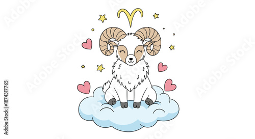 Cute cartoon ram representing the Aries zodiac sign sitting on a fluffy cloud surrounded by pink hearts and small yellow stars.
