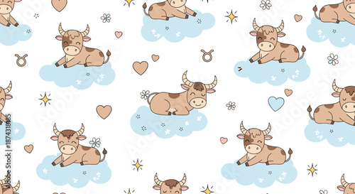 Adorable pattern featuring a cute brown cow lying on a blue cloud surrounded by hearts flowers and the Taurus astrological sign.