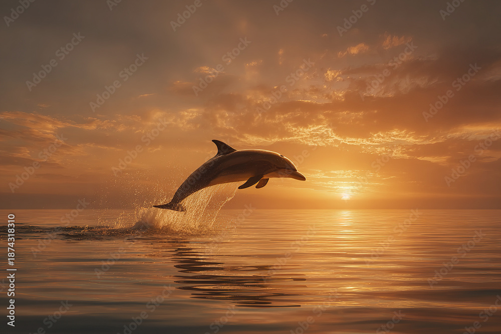 Naklejka premium Dolphin leaping over calm ocean water during golden sunset with dramatic clouds and warm light reflecting on surface, creating peaceful and inspiring marine scene