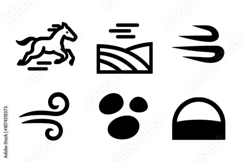 Brutalist Horseback Icons. Horseback Country Run icon set in silhouette bold style. Contain galloping outline, open field sweep, dust trail dash, gentle wind curl, terrain pebble, horizon arc