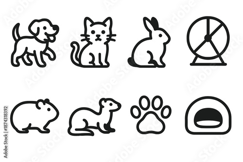 Pet Outlines Collection. Furry Friends set in outline vector style: playful dog, curious cat, bunny silhouette, hamster wheel icon, guinea pig shape, ferret outline, paw print, cozy pet bed