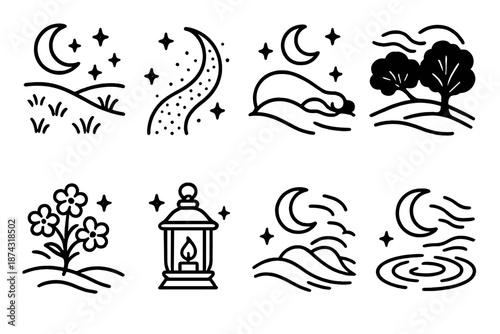 Night Dream Icons. Night Dream Landscapes set in outline vector style: moonlit meadow, stardust trail, sleeping hill, night blossom, soft lantern, shadowed tree, dream ripple, night breeze
