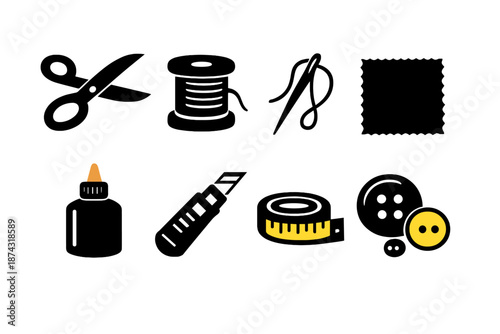 Craft Tools Icons. Handicrafts basics icon set in silhouette bold style. Contain scissors, thread spool, needle, fabric square, glue bottle, craft knife, measuring tape, buttons