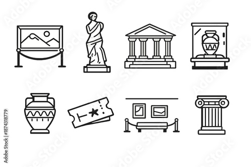 Museum Icons Collection. Museumset in outline vector style painting, sculpture, museum building, display case, artifact, ticket, gallery, column