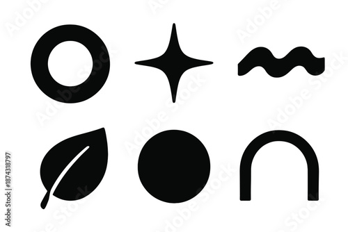 Brutalist Midnight Icons. Midnight vibe icon set in silhouette bold style. Contain dark halo ring, faint twinkle, cool wave, night leaf, stillness orb, soft contour arc