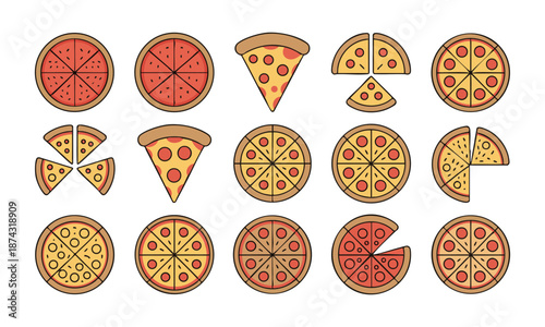flat pizza illustration set top view food icons
 vector illustration, easily editable.