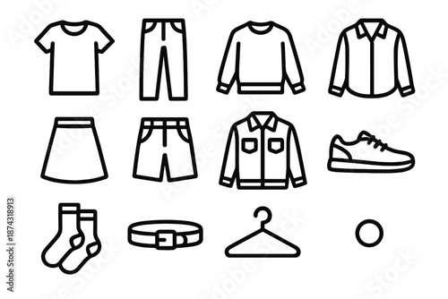 Wardrobe Essentials Icons. Everyday Wardrobe Basics set in outline vector style: tee outline, casual jeans, soft knit sweater, plain blouse, skirt arc, relaxed