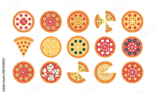 pizza slice and whole pizza flat icon set vector illustration, easily editable.
