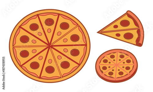 pepperoni pizza set top view flat vector illustration, easily editable.
