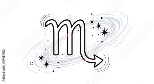 Stylized black Scorpio zodiac symbol placed on a swirling grey galaxy background with stars for astrology and horoscope themes.