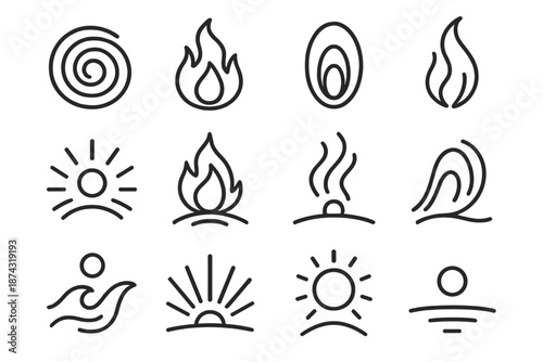 Energetic Swirl Icons. Vital Spirit set in outline vector style: energetic swirl, bright core, vibrant flame, hovering light, breath curve, radiant field,