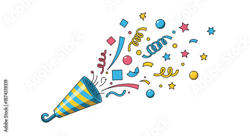 Colorful party popper illustration bursting with vibrant confetti, stars, and streamers to celebrate a special festive event.