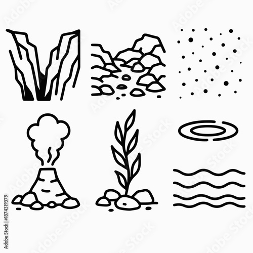 Abyssal Trench Icons. Ocean Depths environment set in outline vector style: abyssal trench, rocky seafloor, drifting sediment, thermal vent, kelp strand, dark water ripple