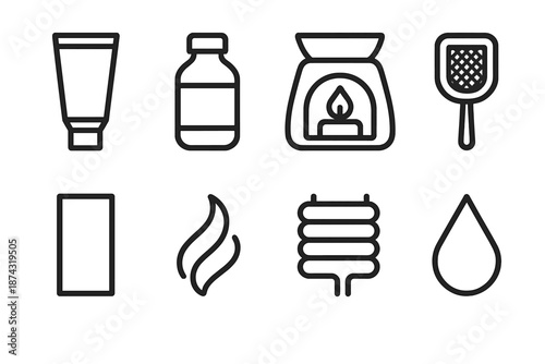 Scent Workshop Icons. Scent Workshop set in outline vector style : blending tube, oil jar, aroma torch silhouette, botanical sieve, fragrance card, soft vapor bead, infusion coil, distilled droplet