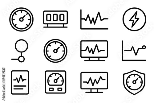Meter Monitoring Icons. Meter Monitoring set in outline vector style: dial face, needle pointer, numeric panel, current line, voltage icon, sensor node, reading