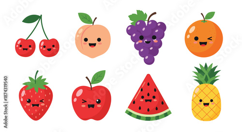 Collection of cute cartoon fruit characters with happy faces including cherry, strawberry, apple, and pineapple for kids.