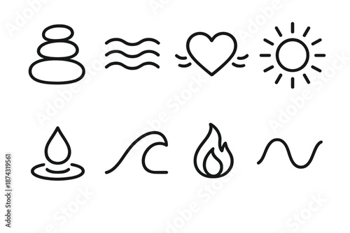 Inner Harmony Icons. Inner Harmony set in outline vector style: balanced stones, gentle wave, calm breath lines, heart intention, soft glow, grounding droplet, peaceful curve, quiet flame