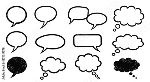 Set of hand drawn black line speech and thought bubbles on a white background for creative comic and dialogue design.