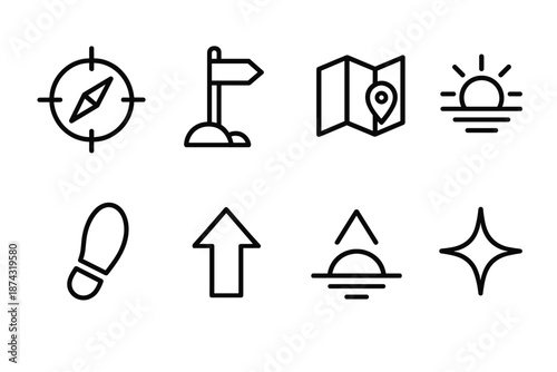 Open Horizons Icons. Journey into Open Horizons set in outline vector style: compass point, trail marker, steady footstep, unfolding map, open air line, horizon sun, guiding arrow, exploration spark