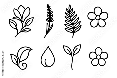 Botanical Outline Icons. March 8 Botanical Accents set in outline vector style: magnolia branch, lavender sprig, fern frond, gentle blossom, leaf curl, petal droplet, garden sprout, floral charm