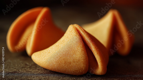 Fortune cookies on dark wooden surface in closeup view  
