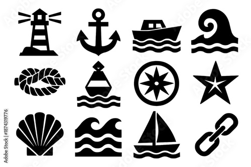 Bold Nautical Icons. Harboring icon set in silhouette bold style. Contain lighthouse, anchor, boat, wave, rope, buoy, compass, star, shell, tide, sailboat, chain