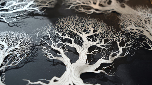 Paper cuttings. Delicate white tree silhouettes on black background in paper art  