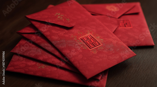 Red envelopes stacked on wooden table for Chinese New Year  