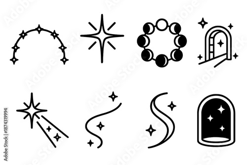 Celestial Pathway Icons. Celestial Astral Pathways set in outline vector style: constellation arc, radiant star, moon phase ring, cosmic bridge, night beam, drifting spark, astral curve, sky portal