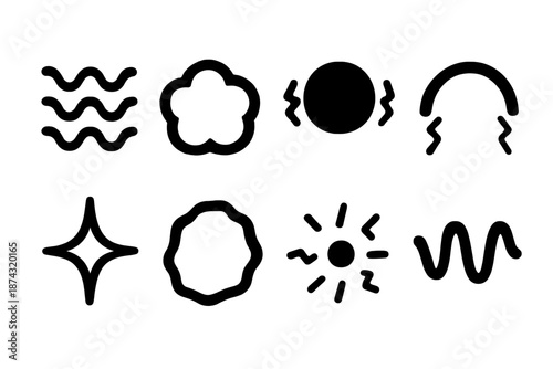 Bold Earth Tremor Icons. Earth Tremor icon set in silhouette bold style. Contain wavy ripple line, soft glow puff, trembling bead, gentle arc, reflective