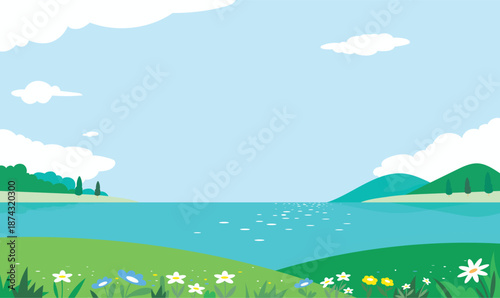 Summer lake landscape background with blue water and mountains