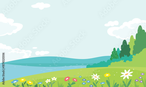 Nature background with lake mountains and flower field