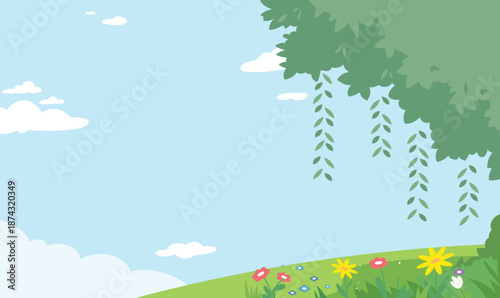 Willow tree branch over blue sky and flower meadow