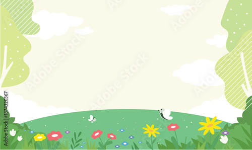 Bright spring garden background with butterflies and white space