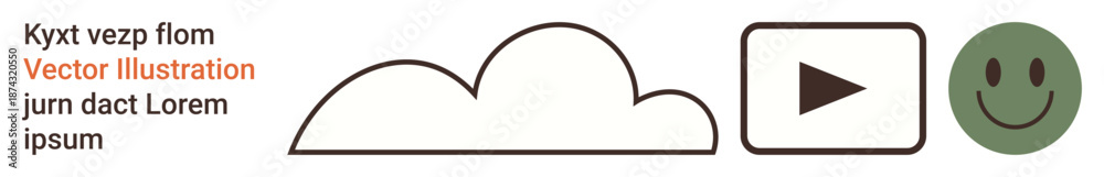 Fototapeta premium Cloud storage, media streaming, data transfer, user experience, communication, emotional connection. Outlined cloud, play button and happy face on white. Cloud storage and media streaming concept