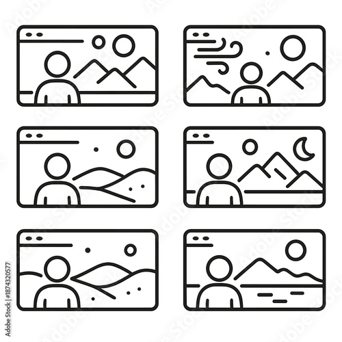 Scenic Online Icons. Online Hangout Scenic Connect set in outline vector style : horizon screen frame, ambient breeze swirl, social dot, terrain speck, sky ring, calm light mote