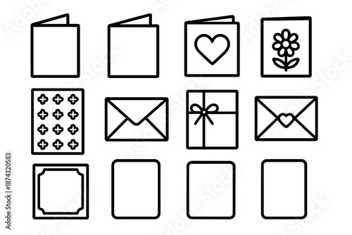 Stylized Greeting Card Icons. Greeting Cards set in outline vector style : folded card, open card, heart card, floral card, patterned card, pastel envelope,