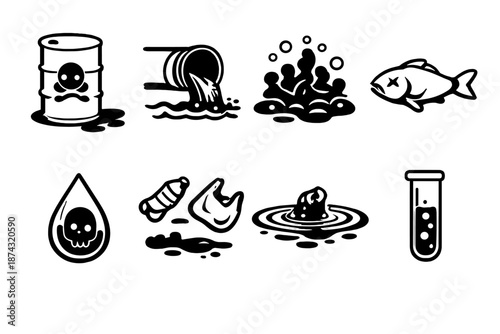Water Pollution Icons. Water pollutionset in outline vector style chemical barrel, wastewater pipe, algae bloom, dead fish silhouette, contaminated droplet,